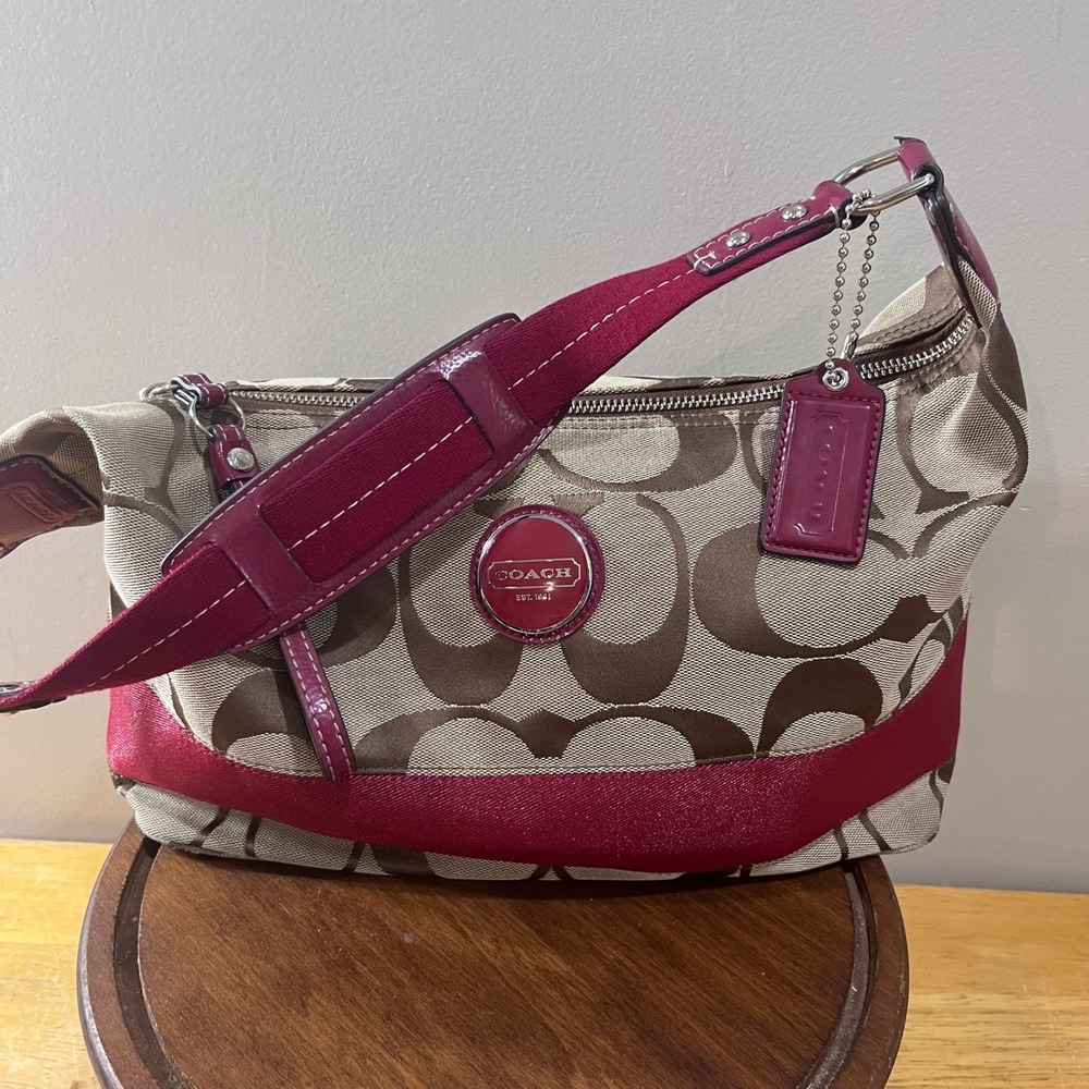 Coach‎ Signature Stripe Hobo Bag Khaki Magenta Pink Vtg F17434 Monogram Shoulder